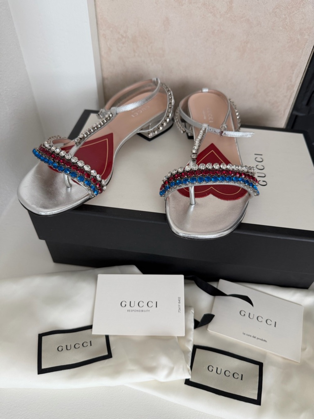 New Gucci Bertie Sandals with Red, Clear, and Blue Crystal Straps 37.5 - Picture 14 of 14